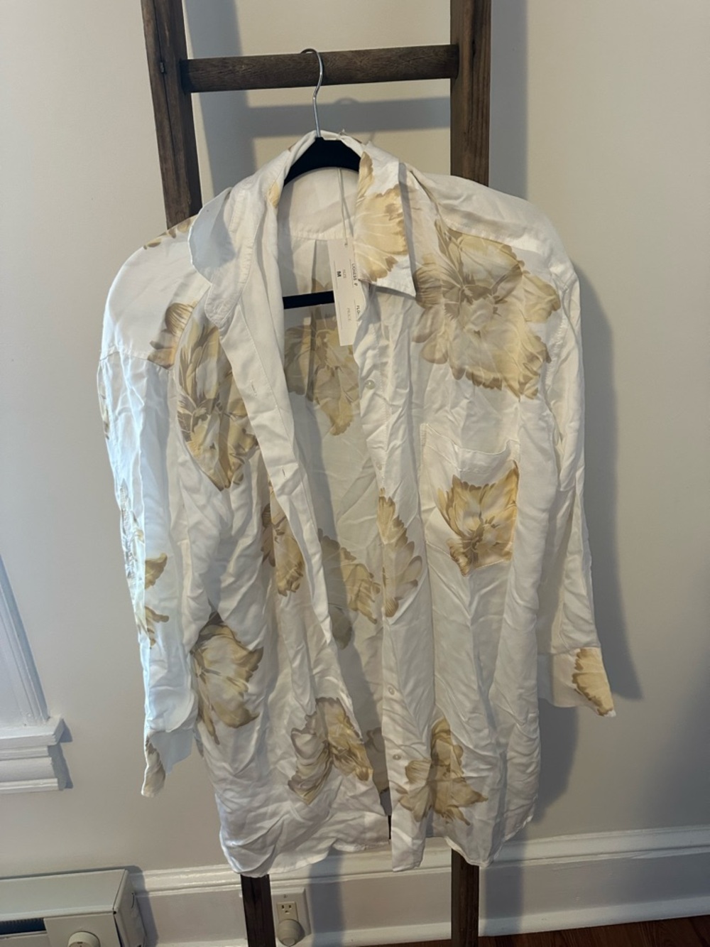 White Floral Button-Down Shirt and shorts with Beige Flowers